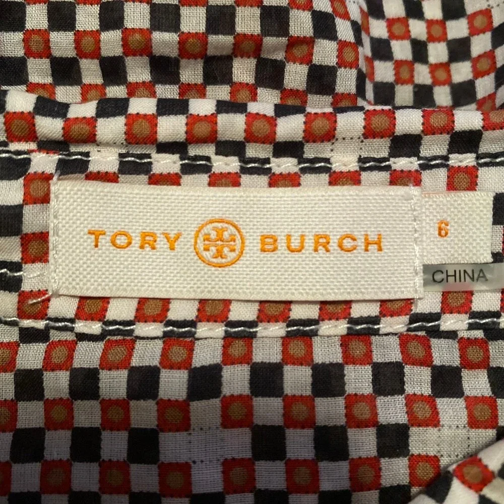 TORY BURCH womans size 6 Brigitte 100% cotton orange blue check button top